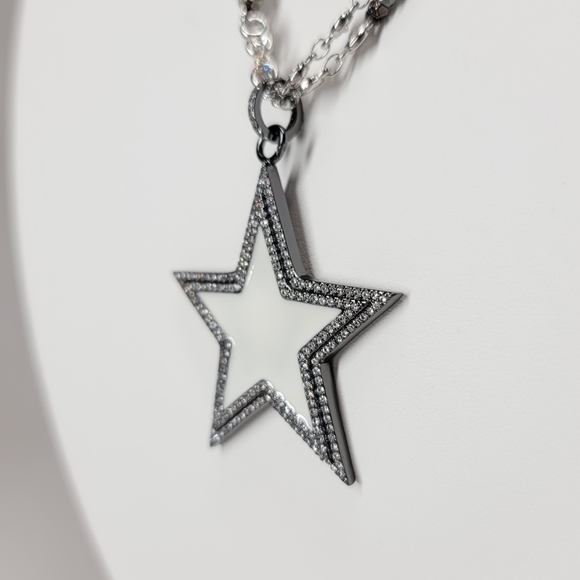 White Enamel Star Pave CZ long Hematite Necklace - Picture 6 of 11